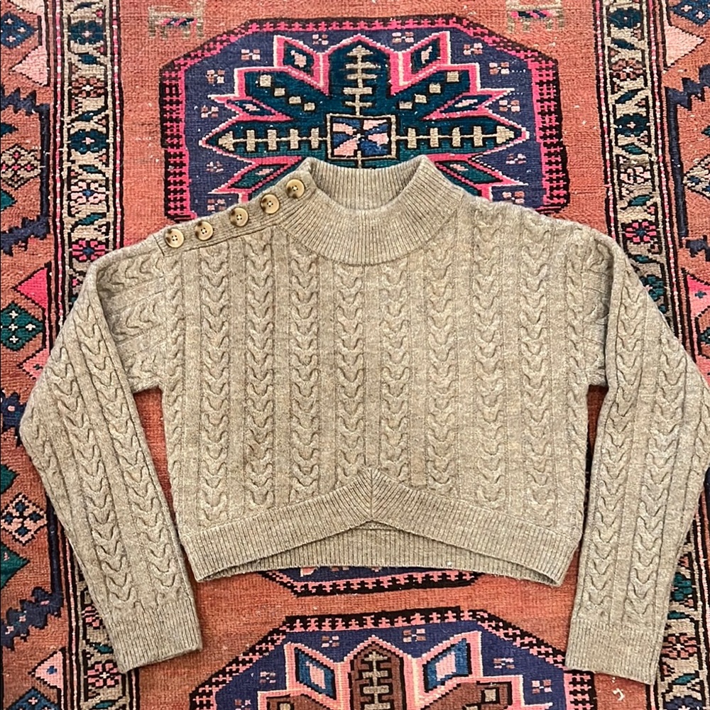Crescent Tan Cowl Neck Cable Knit Sweater, cropped